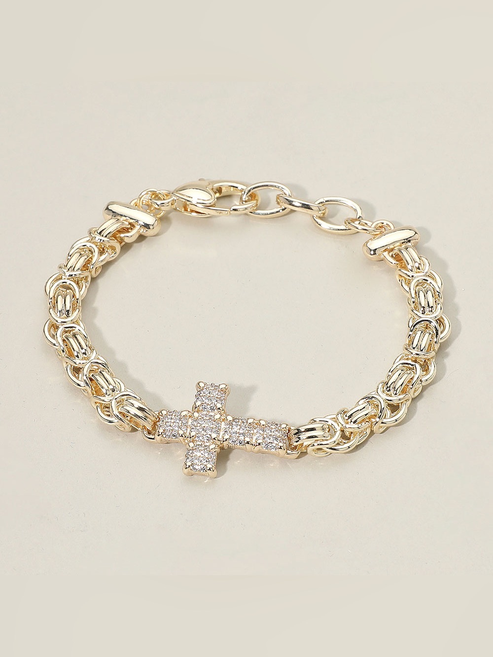 14K Gold Plated CZ Stone Paved Cross Accent Abstract Chain Bracelet